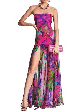 Women Strapless Tube Top Mesh Maxi Dress Sexy High Slit Party Dress